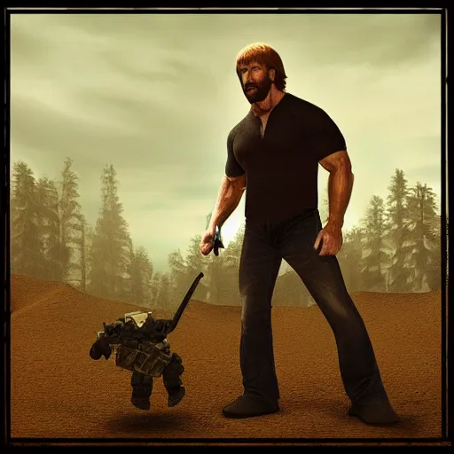 Prompt: very buff Chuck Norris searching for a hiding teddybear, Bedroom, dramatic atmosphere, trending on artstation, 40nm lens, 4k,