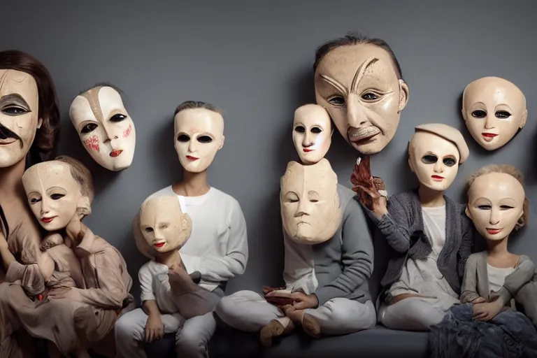 Image similar to family with actor's ceramic masks watching tv, style of henrik sahlstrom and paolo roversi, 8 k, sharp focus, soft light, volumetric lighting, highly detailed realistic, refined, artstation