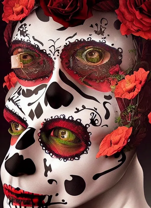 Image similar to dia de los muertos theme surrealist art in the styles of igor morski, jim warren, and giuseppe mastromatteo, winking, intricate, hyperrealistic, accurate facial details, profile picture with chromakey!!!!! background, volumetric lighting