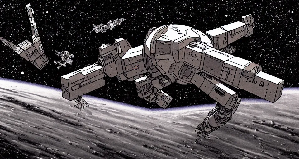 Image similar to a large mecha space ship in space, desaturated, moebius, complementing colors, maschinen krieger, dim lights, film