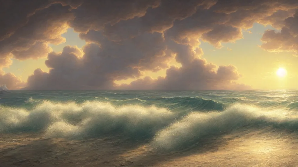 Image similar to first person view of breaking waves on the shore, summer, sunshine through the clouds, sea breeze rises in the air, by andreas rocha and john howe, and Martin Johnson Heade, featured on artstation, featured on behance, golden ratio, ultrawide angle, f32, well composed