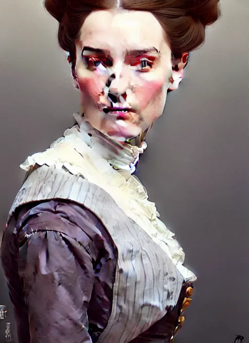 Image similar to a portrait of a woman with a crooked nose in victorian clothing, confident pose, intricate, elegant, sharp focus, illustration, highly detailed, concept art, matte, trending on artstation, anime, art by james jean and artgerm and brian despain and alberto mielgo, greg rutkowski, wlop, ilya kuvshinov, strong strokes