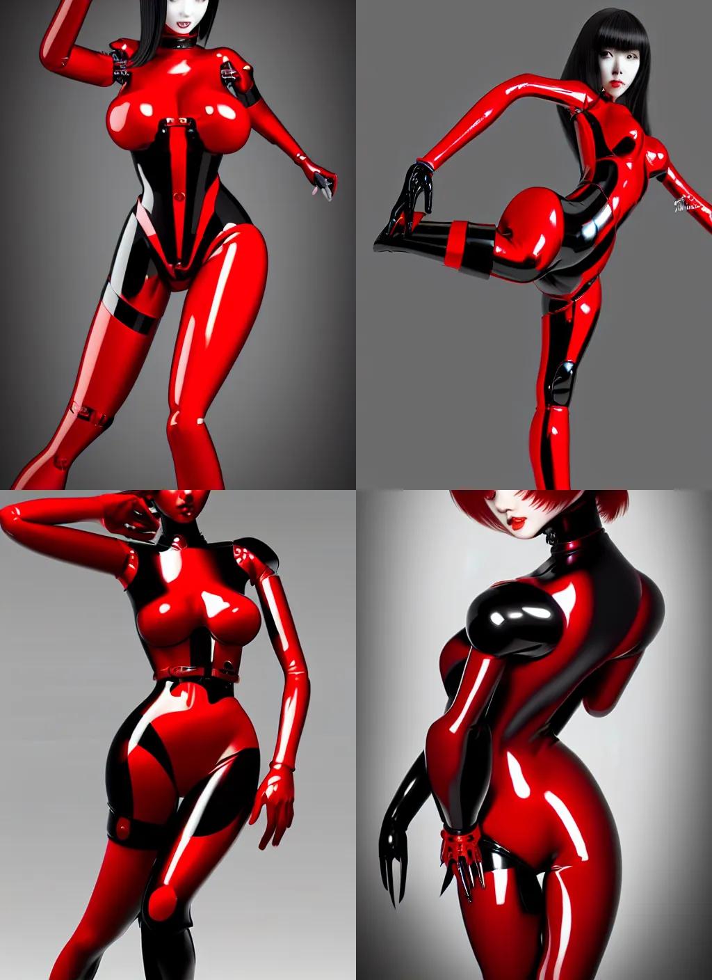 Prompt: full length complex 3 d hyper realistic smooth ultra sharp render of a gorgeous!! red and black latex wearing female cyborg, standing at ready | beatiful artificial girl | art by oh jinwook + 吵 集 仁 儿 on artstaion + takeshi obata + alphonse mucha + wlop + artgerm