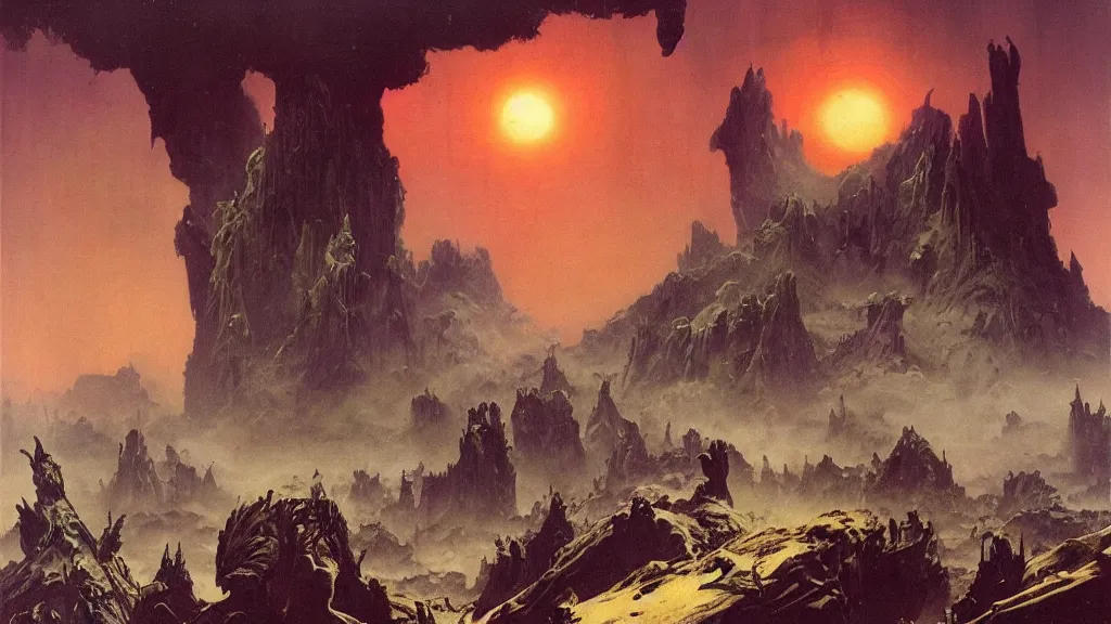 Image similar to eerie alien planet empire by frank frazetta and bruce pennington, cinematic matte painting