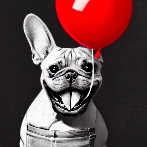 Image similar to surrealism grunge cartoon portrait sketch of a french bulldog with a wide smile and a red balloon by - michael karcz, loony toons style, pennywise style, chucky style, horror theme, detailed, elegant, intricate