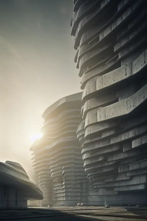 Image similar to sci - fi concrete brutalist architecture in bladerunner scene, zaha hadid, beksinski, photoreal, highly detailed, 8 k, hd, vray, artstation, trending on behance, cinematic matte painting, extreme detail photo quality, sunrays, sunset, featured on behance