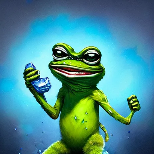 Image similar to super rich happy pepe, luxury, blue crystals, greg rutkowski