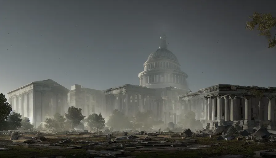 Image similar to ruins of the fully destroyed washington dc's capitol, volumetric light, hyperdetailed, artstation, cgsociety, 8 k