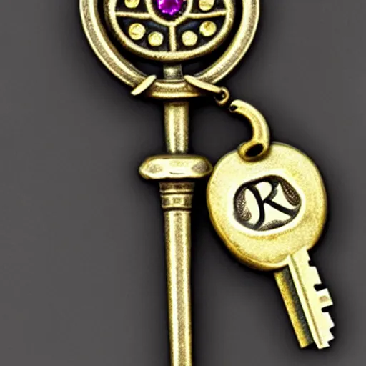 Image similar to a large ornate key with gems and engraved runes, d & d, photo