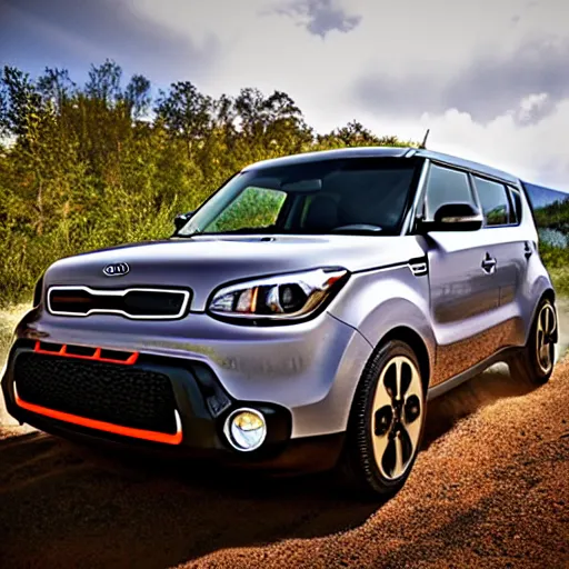 Prompt: Kia Soul, Professional Photography, Lifted, Big Tires, Skyrim, Rock Crawling, Mountain landscape, dirt, road, cinematic color, photorealistic, highly detailed wheels, highly detailed