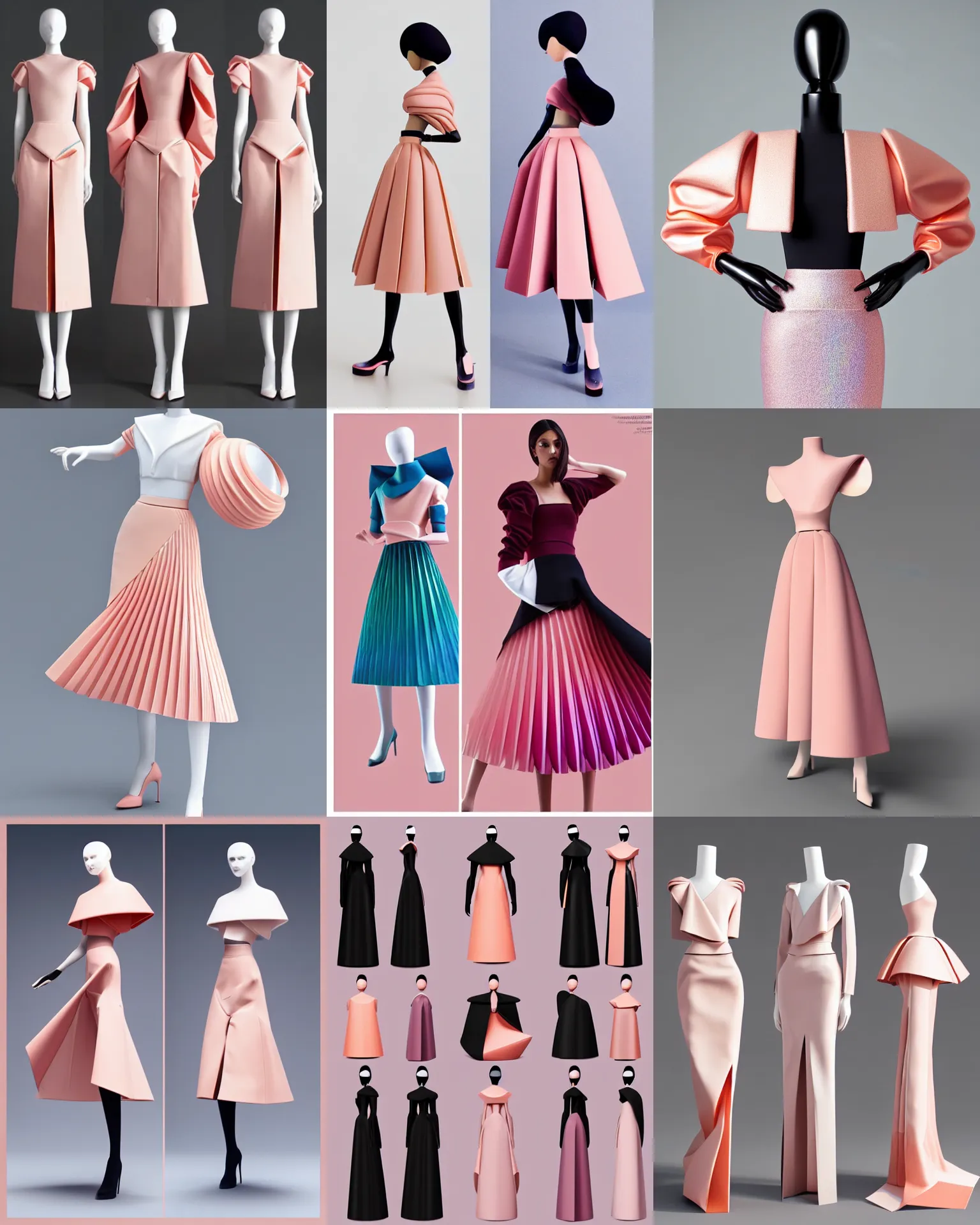 Prompt: designer figure collection ball shaped accordion sleeve haute couture, sailor uniform, midi skirt, coat pleats, synthetic curves striking pose, dynamic folds, cute huge pockets hardware, volume flutter, youthful, modeled by modern designer bust, body fit, award fashion, peach pink tealgradient scheme, light holographic tones, expert composition, high detail, professional retouch, editorial photography