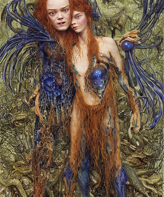 Prompt: a portrait photograph of a fierce sadie sink as an alien harpy queen with slimy amphibian skin. she is trying on evil bulbous slimy organic membrane parasitic fetish fashion and transforming into an blue insectoid amphibian. by donato giancola, walton ford, ernst haeckel, brian froud, hr giger. 8 k, cgsociety