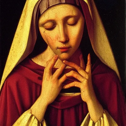 Image similar to original oil painting of a our lady of sorrows crying tears by alessandro allori fra angelico