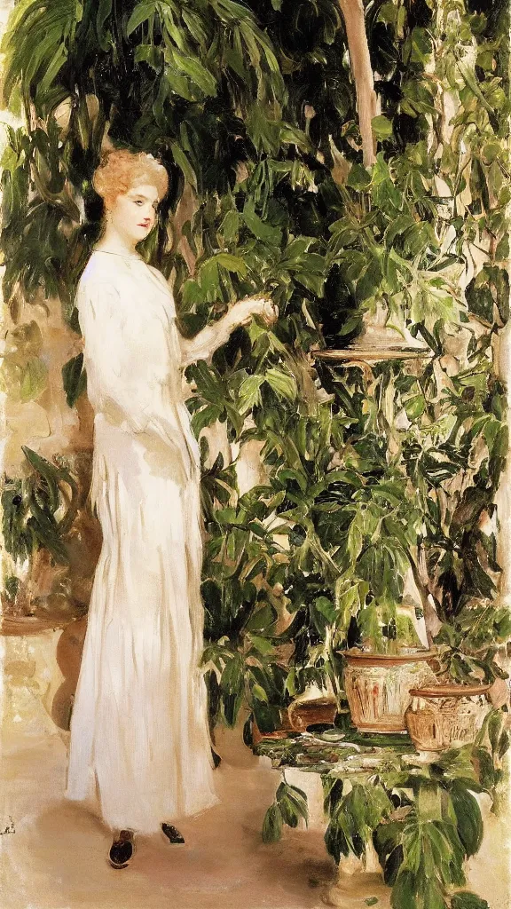 Prompt: beautiful young julee wear a lace dress in a botanical room set near a persian pot and palm treeby john singer sargent