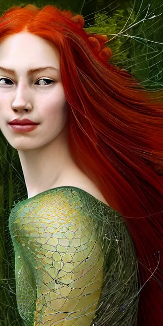 Image similar to lovely woman, serene smile surrounded by golden firefly lights, amidst nature fully covered by a intricate detailed dress, long red hair, precise linework, accurate green eyes, small nose with freckles, smooth oval shape face, empathic, expressive emotions, spiritual scene, hyper realistic ultrafine art by artemisia gentileschi, jessica rossier, boris vallejo