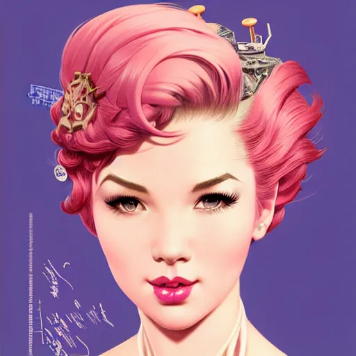 Prompt: head and shoulders portrait of VI of League of Legends, pink short hair, sidecut hairstyle, steampunk acessoires, illustration, medium shot, intricate, elegant, highly detailed, digital art, sharp lines, ffffound, art by gil elvgren and sachin teng