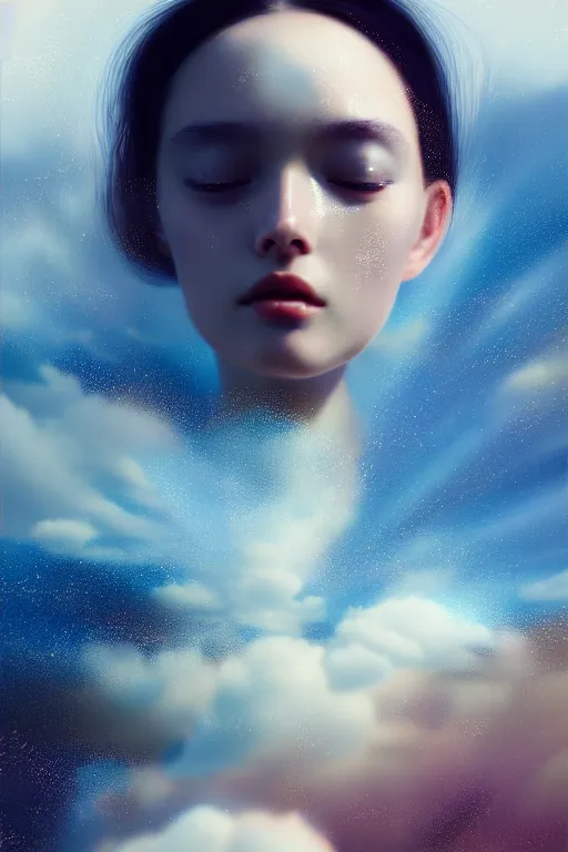Prompt: 3 d, close - up, clouds, moon rays, crying fashion model, night, moon rays, vogue cover style, poster art, hyper detail, intricate oil painting, multiple exposure, morning mood, 3 d, by tooth wu and wlop and beeple and greg rutkowski