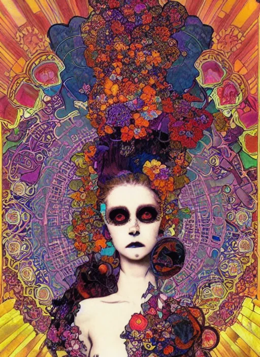 Image similar to psychedelic poster art of a cute punk goth fractal mandelbrot Día de los Muertos tattooed girl posing by Victor Moscoso Rick Griffin Alphonse Mucha Gustav Klimt Ayami Kojima Amano Charlie Bowater, masterpiece