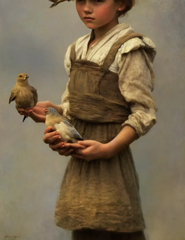 Image similar to portrait of little peasant girl holding bird in her hands, cottage core, cinematic focus, polaroid photo bleached vintage pastel colors high - key lighting, soft lights, foggy, by steve hanks, by lisa yuskavage, by serov valentin, by tarkovsky, 8 k render, detailed, oil on canvas