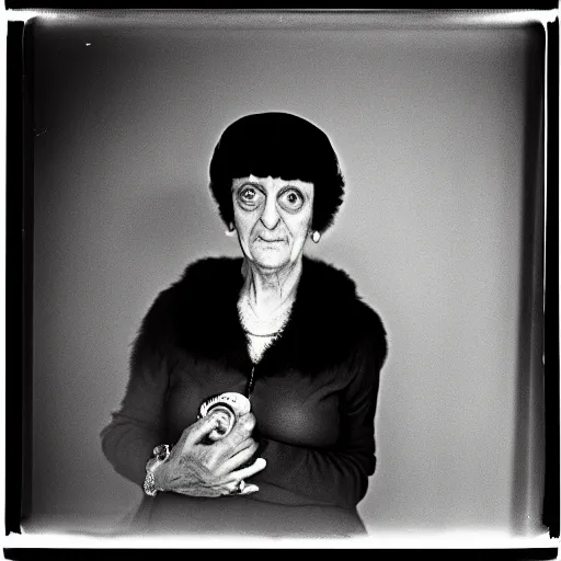 Prompt: photo of Diane Arbus by Diane Arbus, black and white, high contrast, Rolleiflex, 55mm f/4 lens
