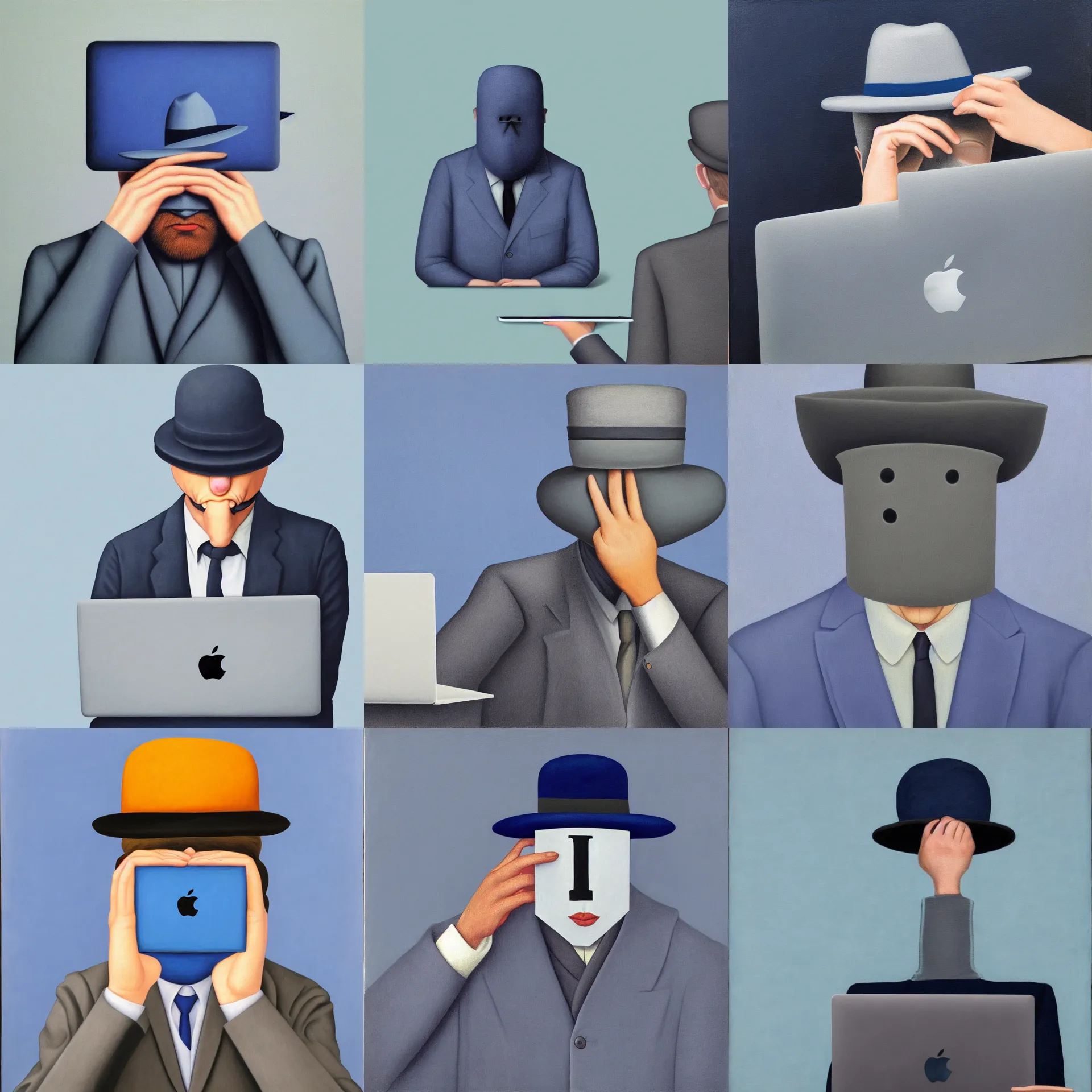 Prompt: front view portrait of a man with a macbook laptop hiding his face, wearing a hat, blue / grey background, painted by rene magritte