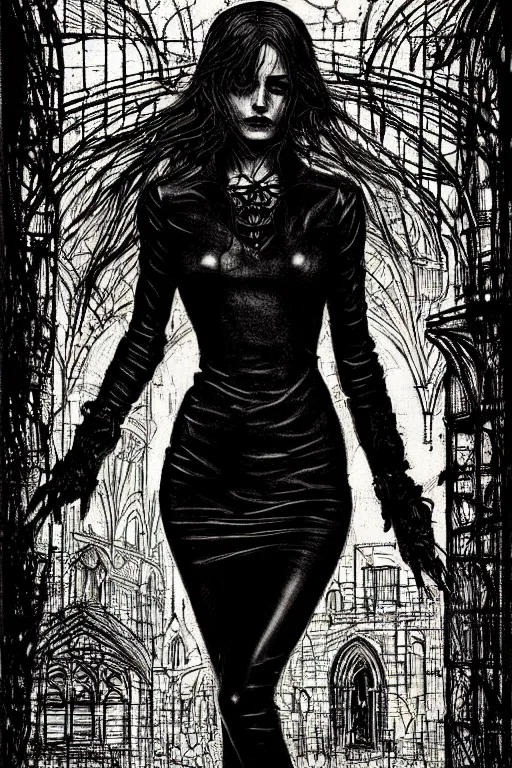 Image similar to dreamy gothic girl, black leather slim clothes, attractive and amazing, beautiful woman body, detailed acrylic, grunge, intricate complexity, by dan mumford and by alberto giacometti, peter lindbergh