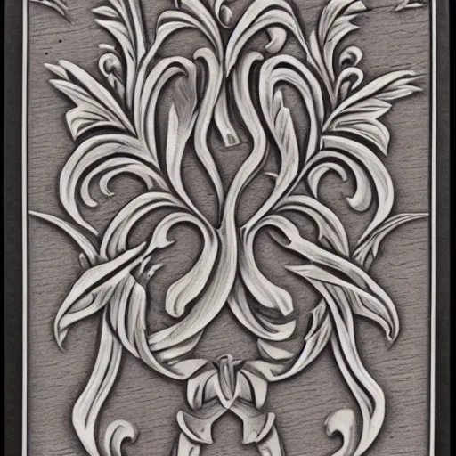 Image similar to a scrollwork engraving by sam alfano and russ abbott, master engraver, acanthus scroll, beautiful