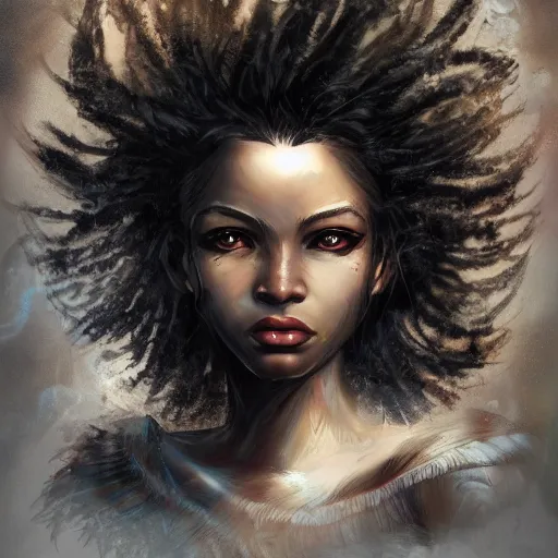 Image similar to happy birthday beautiful worrier girl, cover of a magnificent fantasy book by Neil Gaiman, highly detailed portrait of a beautiful black hair girl, trending on artstation