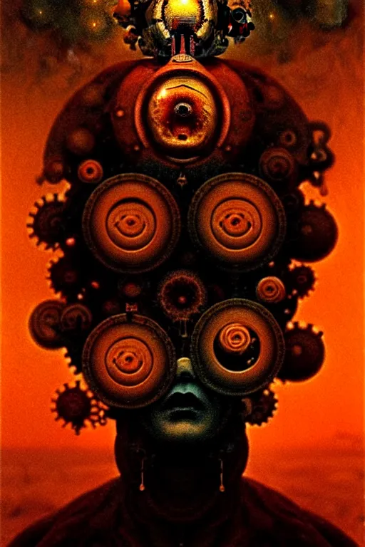 Prompt: by beksinski, by diane arbus!!!, photorealistic head portrait of a mechanical occult shaman mystic with ornate shiny steampunk headdress standing in front of a butane fire next to mechanical shrubs in a desolate desert on saturn, dramatic lighting, octane render, sharp focus, hyperrealism, photorealism, facing camera,