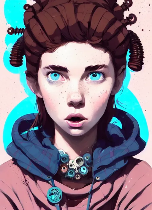 Image similar to highly detailed portrait of a sewer punk lady student, blue eyes, tartan hoody, ringlet hair by atey ghailan, by greg rutkowski, by greg tocchini, by james gilleard, by joe fenton, by kaethe butcher, gradient pink, brown, light blue and white color scheme, grunge aesthetic!!! ( ( graffiti tag wall background ) )