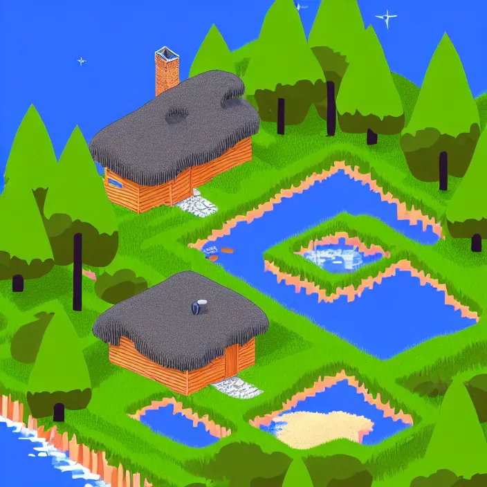 Image similar to isometric view of a cottage above an azure lake, beautiful game art, by thomas feichtmeir ( cyangmou ), by pixel jeff, by kirokaze, by waneella, by albertov, by junkboy, by retronator, clear focus, very coherent