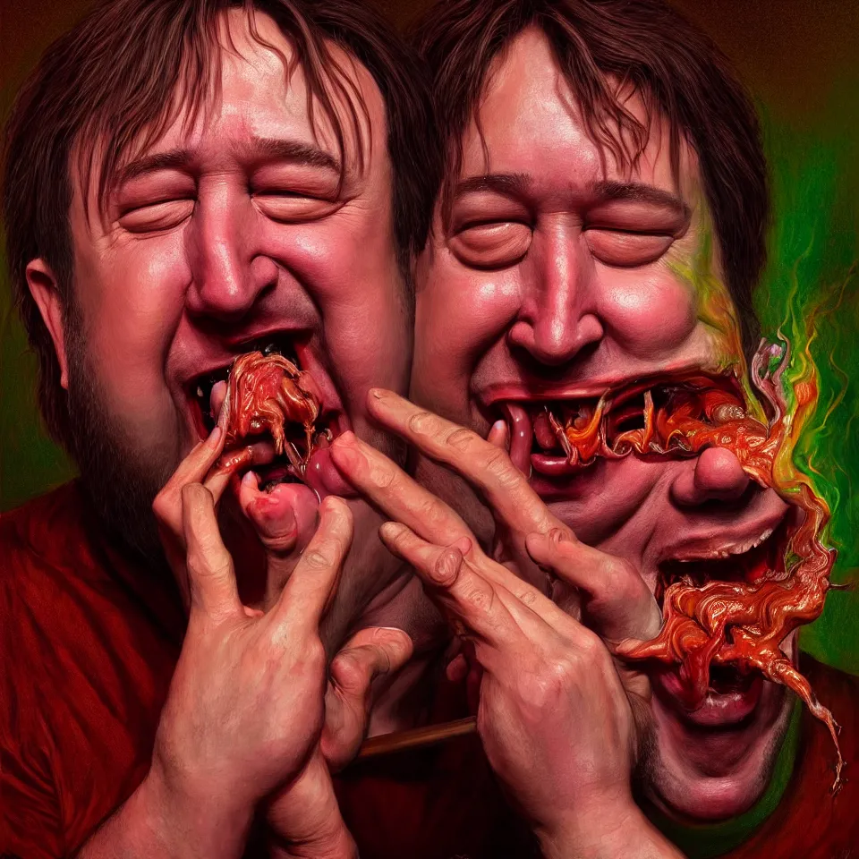 Image similar to weird and disturbing psychedelic bill hicks eating rotten flesh, smiling and puking, diffuse lighting, fantasy, intricate, elegant, highly detailed, lifelike, photorealistic, digital painting, artstation, illustration, concept art, smooth, sharp focus, art by francis bacon