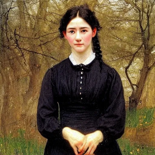 Prompt: a ((sadly)) (((smiling)))) black haired, young hungarian village maid from the 19th century who looks very similar to (((Lee Young Ae))) with a two french braids, detailed, soft focus, realistic oil painting by John Everett Millais
