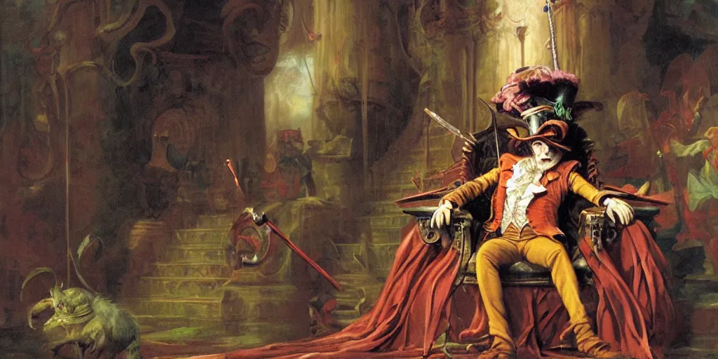 Image similar to the Mad hatter seated on his throne, surrounded by his court, holding his sword stabberwocky, by Thomas Cole and Wayne Barlowe