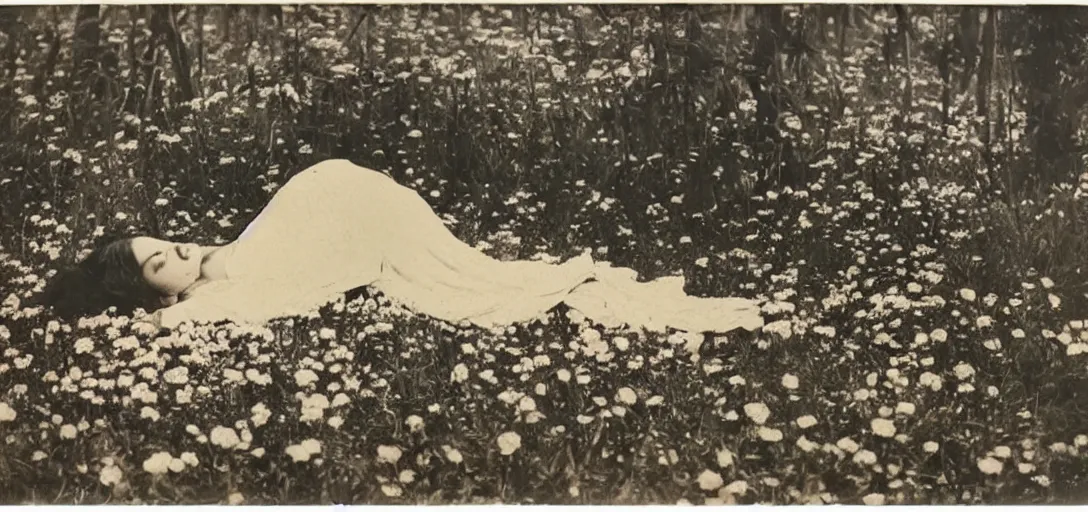 Image similar to beautiful woman on the ground covered in flowers, Forest, ray gods, 1910 top-down polaroid photography