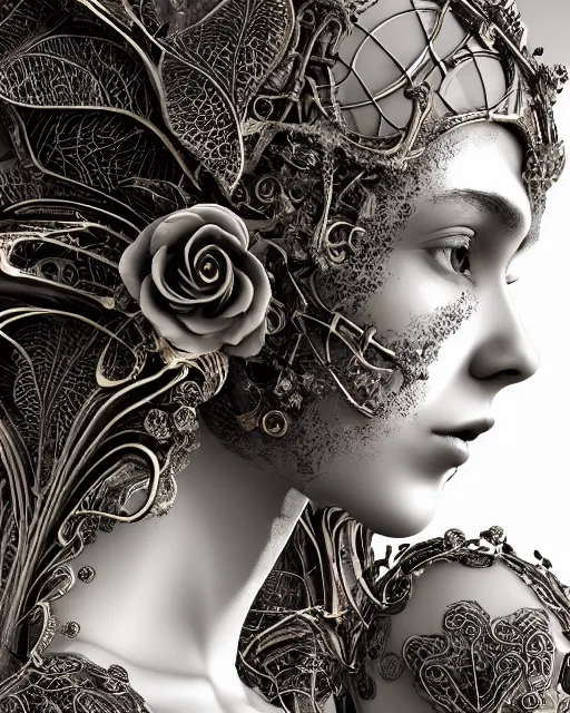 Image similar to mythical dreamy black and white organic bio - mechanical spinal ribbed profile face portrait detail of translucent steampunk beautiful female angelic - human - queen - vegetal - cyborg, highly detailed, intricate crystal ivy jelly ornate, poetic, translucent roses ornate, 3 d render, digital art, octane render, 8 k artistic photography, photo - realistic, by dora maar