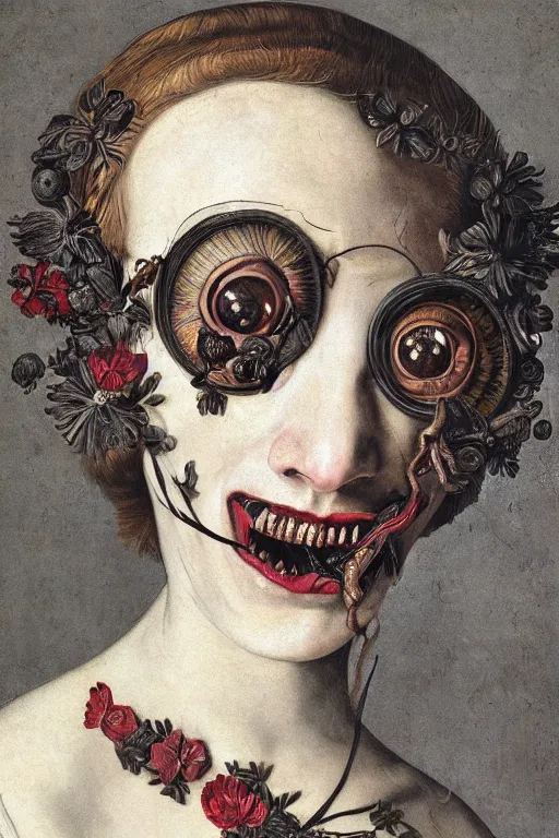 Image similar to Detailed maximalist portrait with large lips and with large eyes, teeth, botany, exasperated expression, HD mixed media, 3D collage, highly detailed and intricate illustration in the style of Caravaggio, dark art, baroque