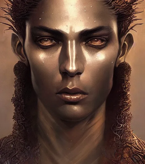 Image similar to portrait of a male dark Jedi by karol bak, WLOP, James Jean, tom bagshaw, rococo, trending on artstation, glossy eyes, face, fantasy, intricate, elegant, highly detailed, digital painting, concept art, smooth, sharp focus, illustration, cinematic lighting, hyper realism, octane render, 8k, hyper detailed.