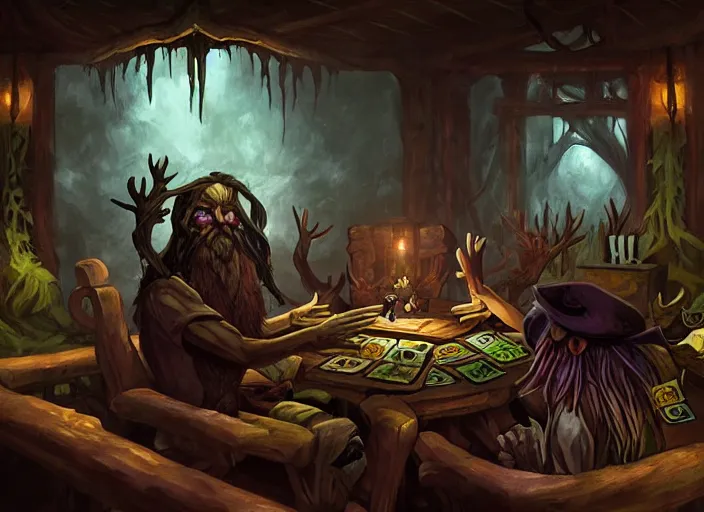 Image similar to dark cabin interior. a leshy forces you to play a card game. low lighting, dark painting by dan volbert and mandy jurgens and deiv calviz and lim chuan shin