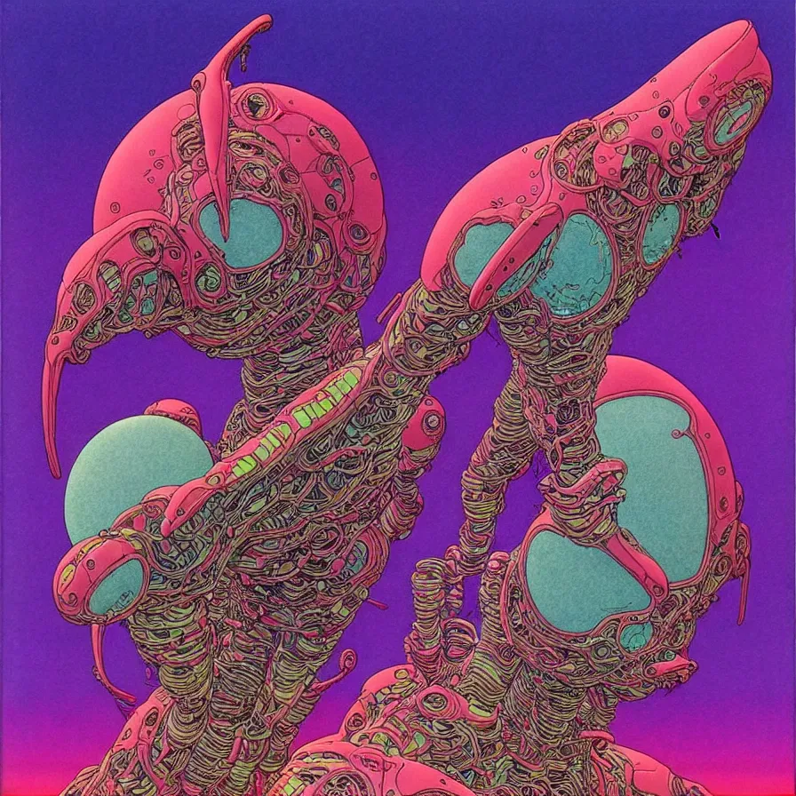 Image similar to ( ( ( ( a humanoid creature from another planet. ) ) ) ) by mœbius!!!!!!!!!!!!!!!!!!!!!!!!!!!, overdetailed art, colorful, artistic record jacket design