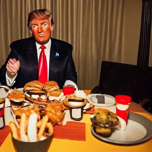 Prompt: Donald Trump eating McDonalds at a table, night vision, trail cam footage