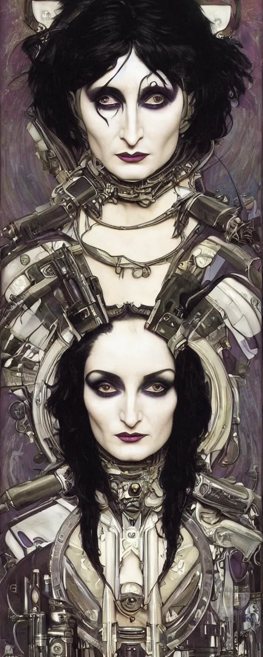 Image similar to a beautiful and captivating sci - fi art nouveau style portrait of siouxsie sioux as a futuristic gothpunk rebel soldier by chris achilleos, travis charest and alphonse mucha, mixed media painting, photorealism, extremely hyperdetailed, perfect symmetrical facial features, perfect anatomy, ornate declotage, circuitry, technical detail, confident expression, wry smile