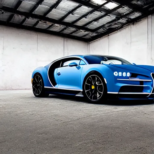 Image similar to an abandoned, derelict, rusty bugatti chiron in a dirty warehouse