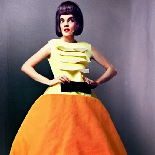 Image similar to dress made out of lasagna, fashion, 6 0 s