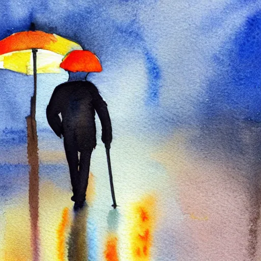 Image similar to a watercolor painting night watchman walking on a rainy night