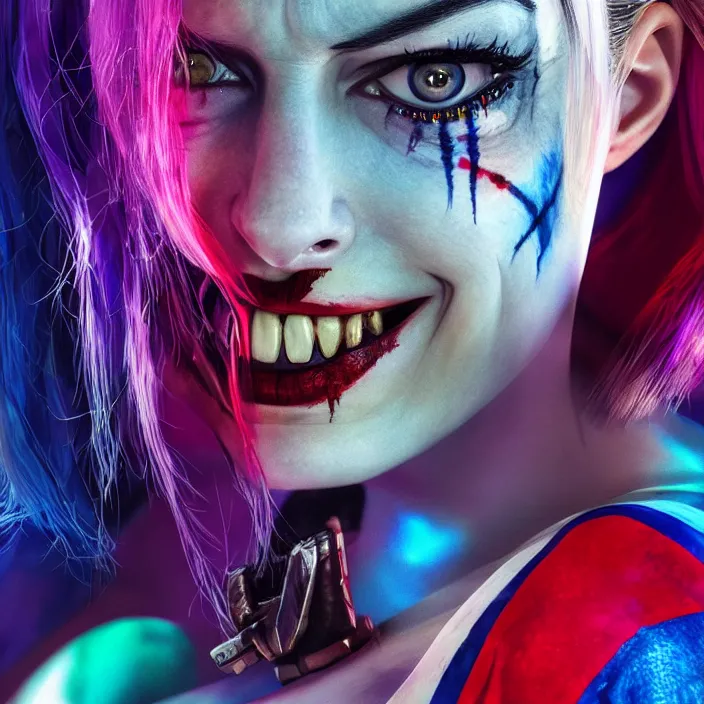 Image similar to portrait of Anne Hathaway as a harley quinn in Suicide Squad. intricate abstract. intricate artwork. by Tooth Wu, wlop, beeple, dan mumford. octane render, trending on artstation, greg rutkowski very coherent symmetrical artwork. cinematic, hyper realism, high detail, octane render, 8k, iridescent accents