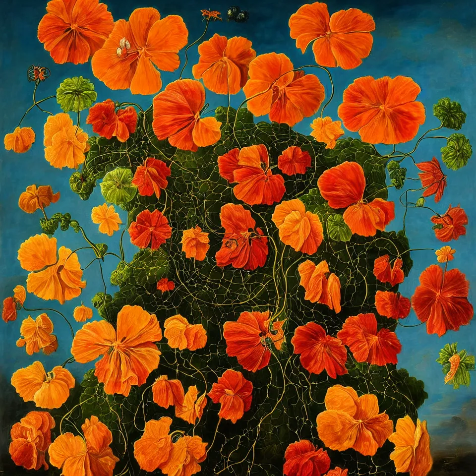 Image similar to dutch golden age bizarre nasturtium portrait still life with many very detailed vines and flowers disturbing fractal forms sprouting up everywhere by rachel ruysch sky blue background chiaroscuro dramatic lighting perfect composition high definition 8 k oil painting with black background by christian rex van dali todd schorr of a chiaroscuro portrait recursive masterpiece