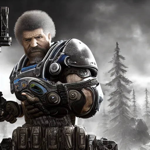 Image similar to Bob Ross in Gears of War, gloomy unreal engine 5 render