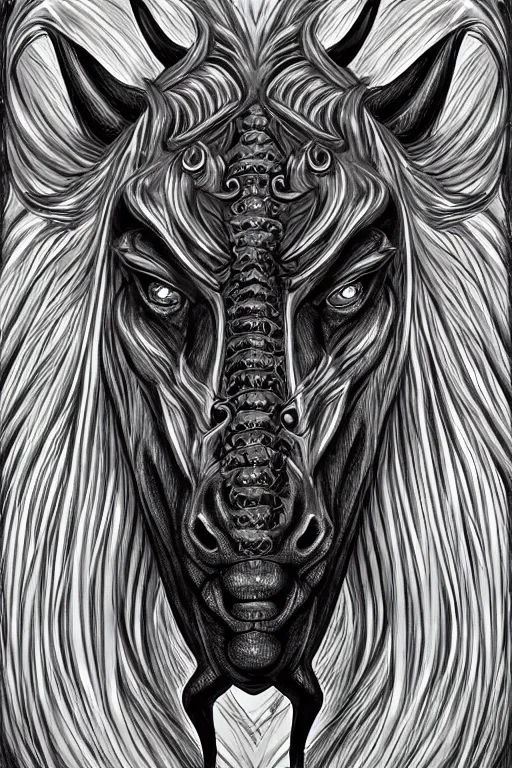 Image similar to demon horse with a horn, symmetrical, highly detailed, digital art, sharp focus, trending on art station, kentaro miura manga art style