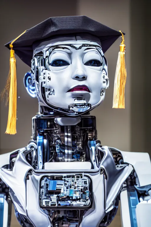 Prompt: a portrait photo of a extremely detailed robot graduating. nikon z 9. 5 0 mm, f / 1. 8 photography. portrait photography. ultra hd, 8 k, graduation photo